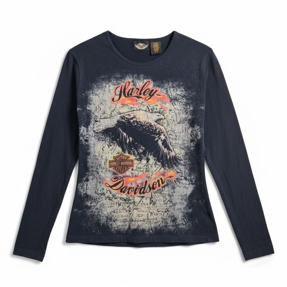 VTG Harley Davidson Long Sleeve Bald Eagle Logo Graphic Shirt Rhinestone Black L